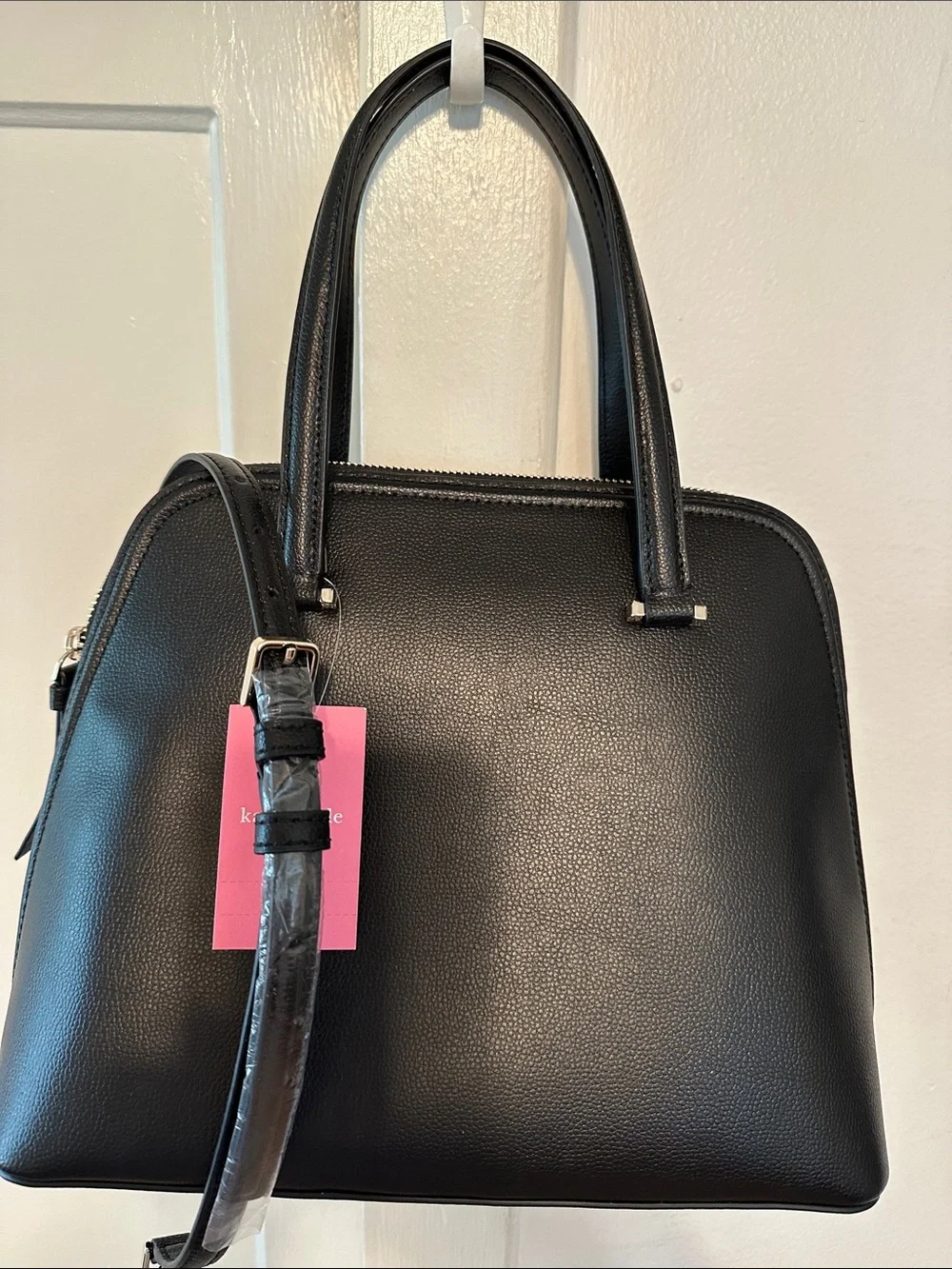 Kate Spake Black Leather Dome Satchel with Removable Strap